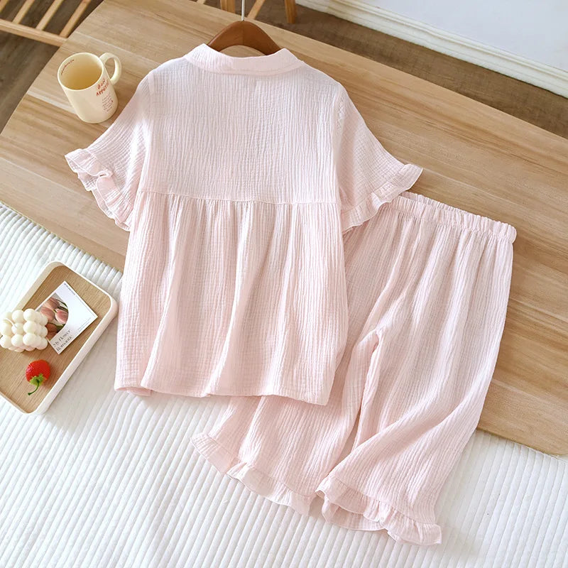 Pure Cotton Womens Pyjamas Set Embroidery Print Home Suits Pyjama Short Sleeve Pajamas 2023 Summer New 2Pcs Sleepwear