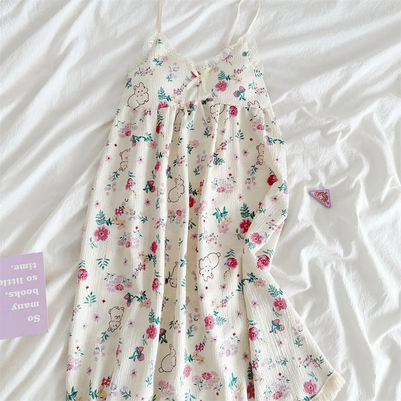 With Chest Cushion Halter Nightgown Female Summer Floral Breathable Thin Section of the Princess Style Loose Knee-Length Pajamas
