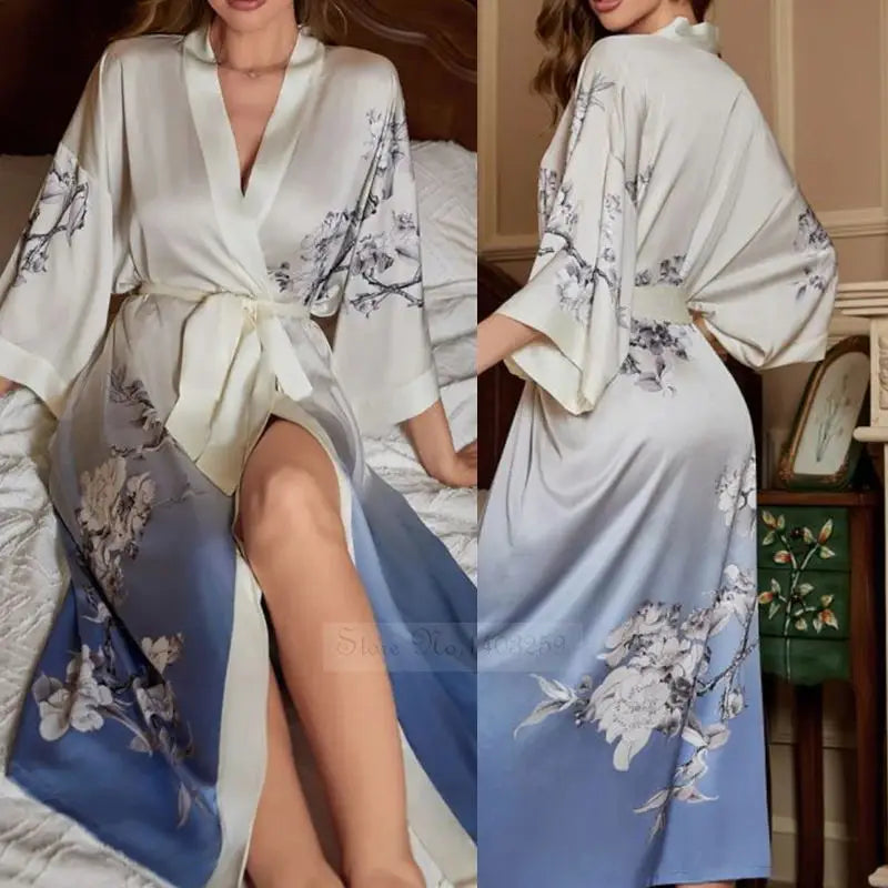 Print Flower Female Long Robe Sleepwear Japanese Kimono Bathrobe Gown Spring Summer Satin Nightgown Loose Casual Home Dress Wear