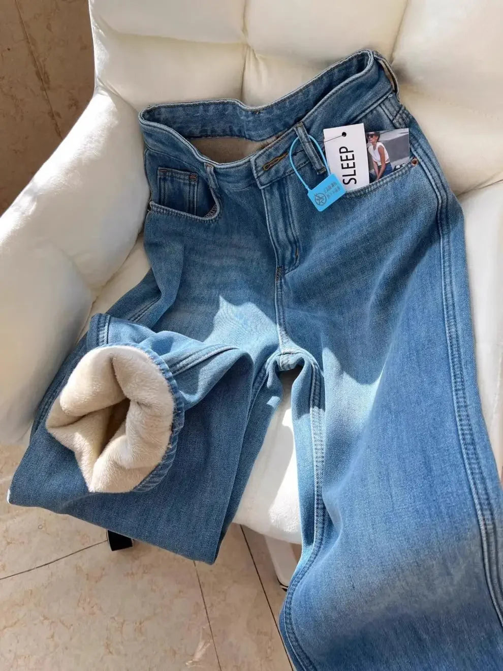 Thickened Fleece High Waist Straight Leg Jeans Women Winter New Style Loose Slim Wide Leg Pants Floor-Length Trousers
