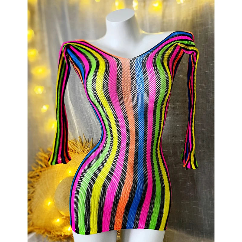 1PC Women Fishnet Cover Up Without Bikini Sexy Lingerie See Through Hollow Out Bodycon Dress Long Sleeve Beachwear CT011