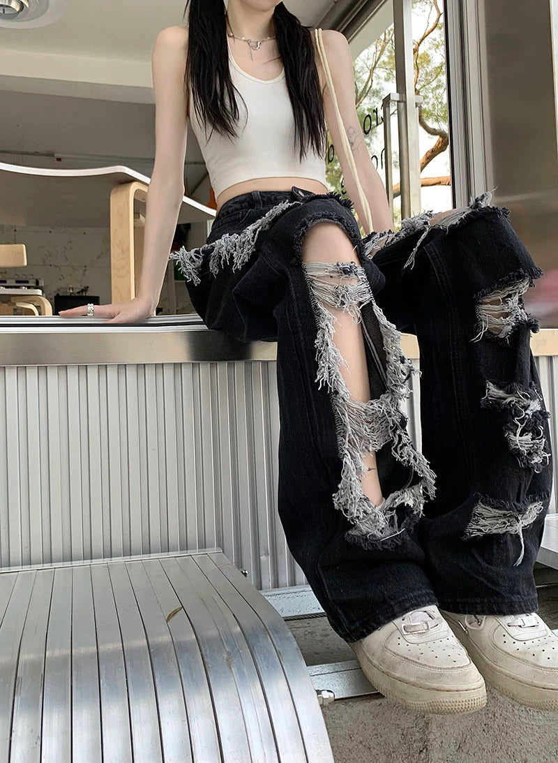 Zoki Hip Hop Hole Jeans Women Y2K Streetwear Harajuku Hollow Out Denim Pant American Retro High Waist Female Straight Trousers
