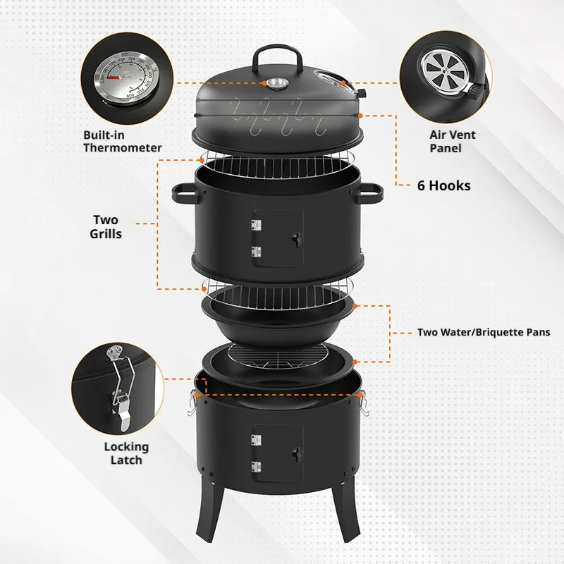 3-Tier Charcoal Smoker Grill, Outdoor & Home Hanging BBQ Smoker, Portable Barbecue Grill