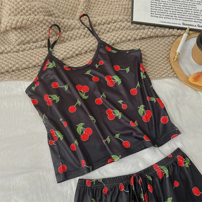 Summer Women's Cherry Print Pajama Set Sexy Ice Silk Sleeveless Vest and Shorts Girls Casual Cute Printed Sleepwear for Lounging