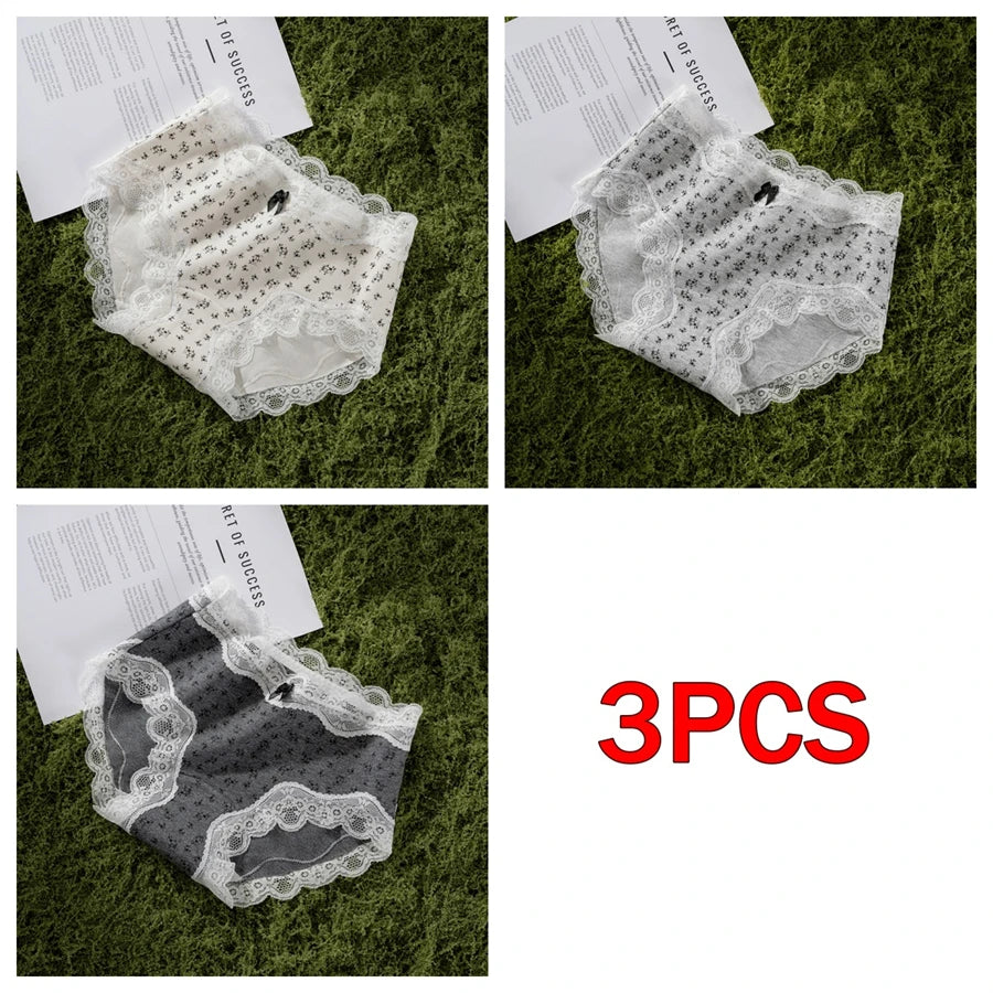 3Pcs Floral Cotton Crotch Panties Women's Underwear Cute Bow Brief Mid Waist Breathable Sexy Lace Female Lingerie Panties