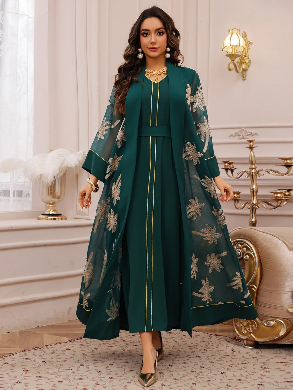 Eid Women Dress Muslim Abaya 2 Piece Set Musulman Ensembles Party Jalabiya Ramadan Abayas Vestidos Largos Kaftan Arab Long Robe
