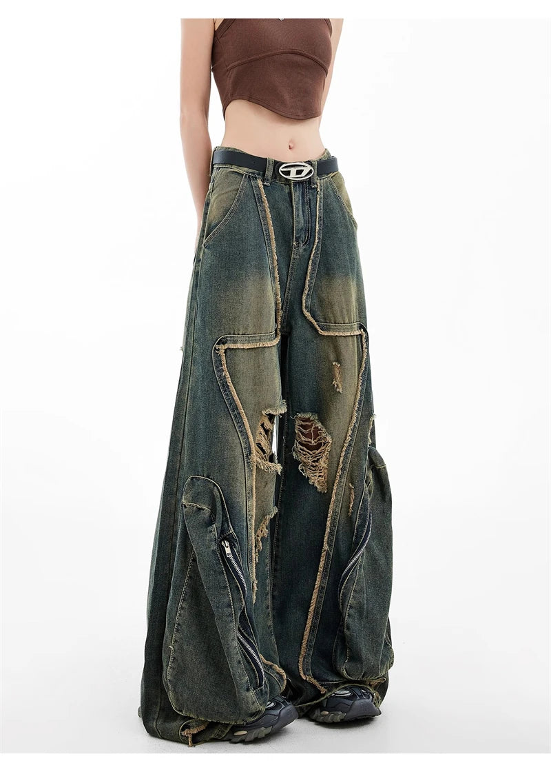 Women Y2k Baggy Cargo Jeans Harajuku Oversize Ripped Denim Trousers Vintage Japanese 2000s Style Jean Pants Trashy Clothes 2024