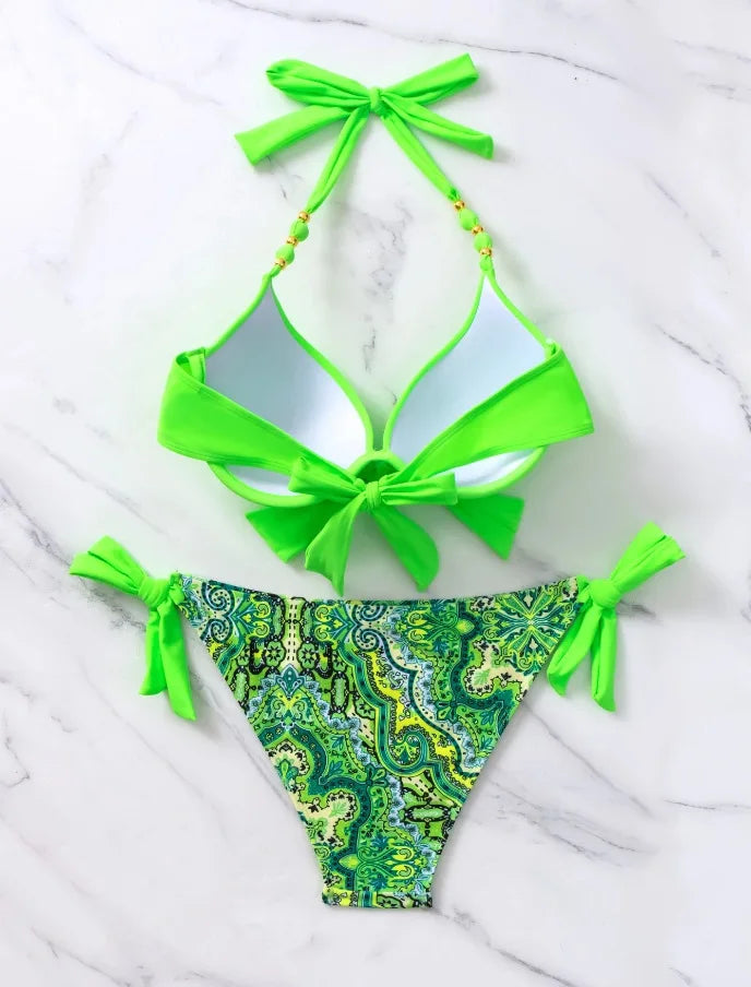 2026 Push Up Halter Bikini Printed Swimsuit Women Sexy Strappy Swimwear Female Bathers Bathing Swimming Swim Suit Beachwear
