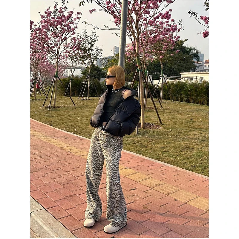 American Retro High Street Casual Overalls Leopard Print Loose Wide Leg Pants For Women Y2k Hip-hop Cargo Grunge Baggy Trousers