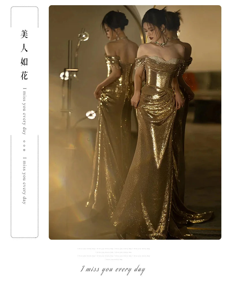 Lautaro Spring Praty Birthday Evening Dresses Woman Off Shoulder Backless Elegant Luxury Prom Floor Length Gold Sequin Dress