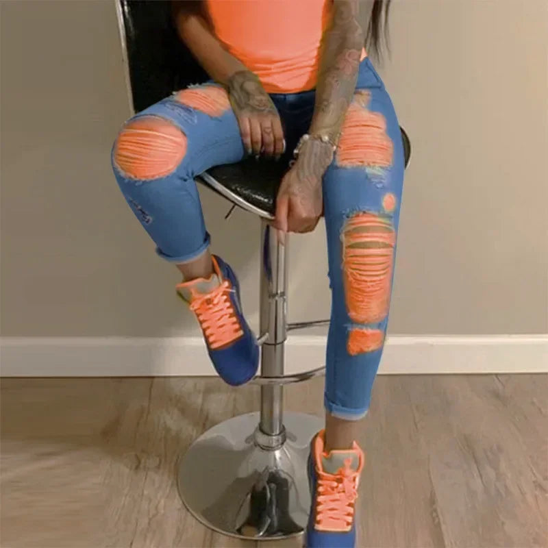 2025 New Ripped Jeans For Women Yellow Scratch Denim Pencil Pants High Waisted Stretch Skinny Hollow Out Sexy Female  Mujer