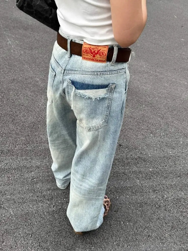 Wash Retro Light Blue Neutral Denim Trousers Women's Summer Cool Girl Pants Vintage Bottoms Female High Waist Wide-leg Jeans