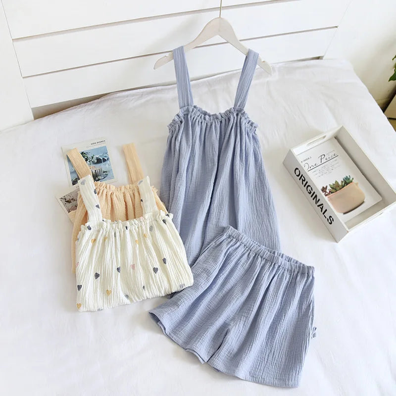 Fdfklak Pijamas Sexy Mujer Summer Sleeveless Gauze Cotton Women's 2 Piece Set Pyjamas Elegant New Soft Home Nightwear