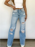 Pocket Ripped Pants Solid Color Mid Waist Women's Straight Leg Pants High Street Fashion Daily Commuting Style Spring Jeans