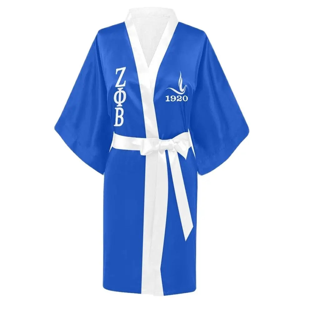 Stylish Greek Letter Sorority White Blue Zeta PHI Beta Robe Sleepwear Silk Half Sleeve Nightwear For Women Lady