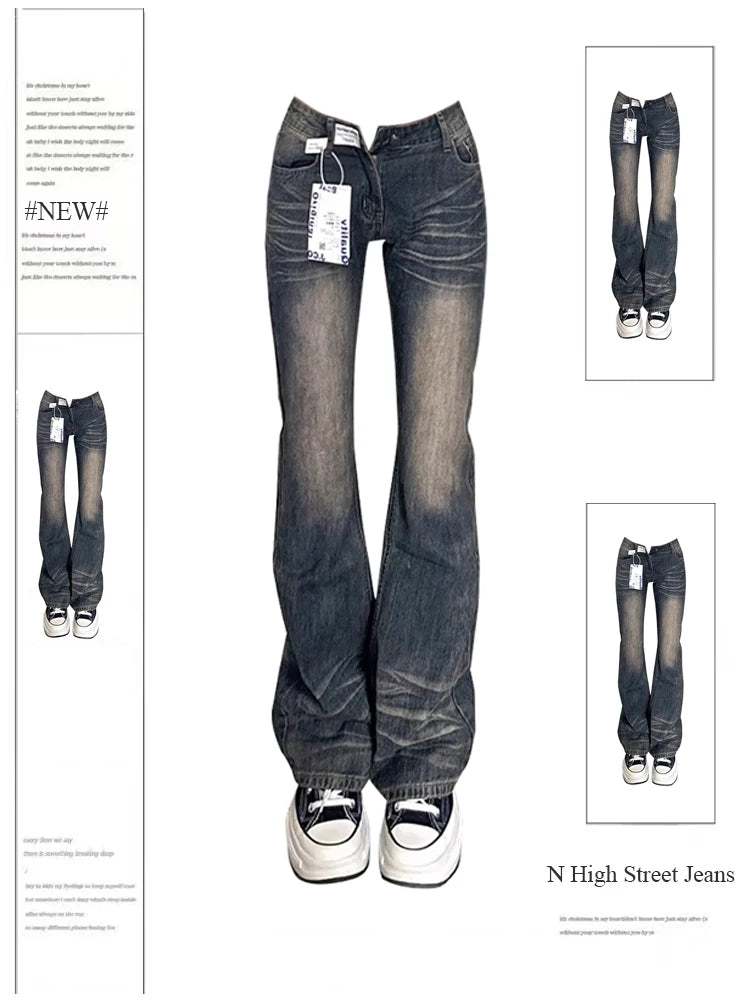 Women's Grey Flare Jeans Vintage Korean High Waist Cowboy Pants Harajuku Denim Trousers 90s Aesthetic Y2k Emo 2000s Clothes 2024