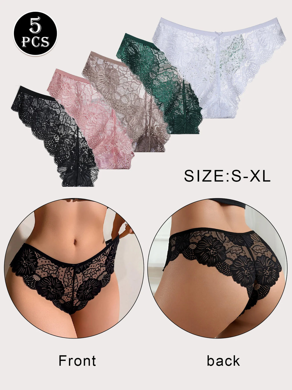 5PCS Women Floral Lace Panties Sexy Perspective Underwear Low Waist Solid Underpants Breathable Intimates Female Lingerie M-XL