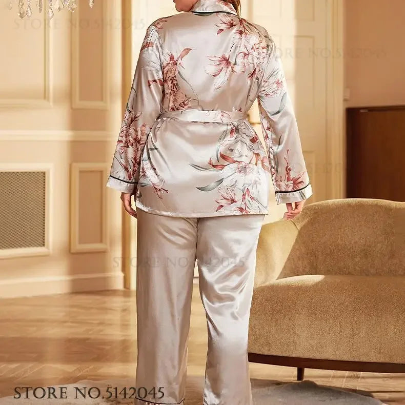 Plus Size 3XL 4XL 5X  Pjs Sleepwear 2PCS Set Print Flower Female Loungewear Pijamas Suit Loose Ice Silk Home Clothes pyjama