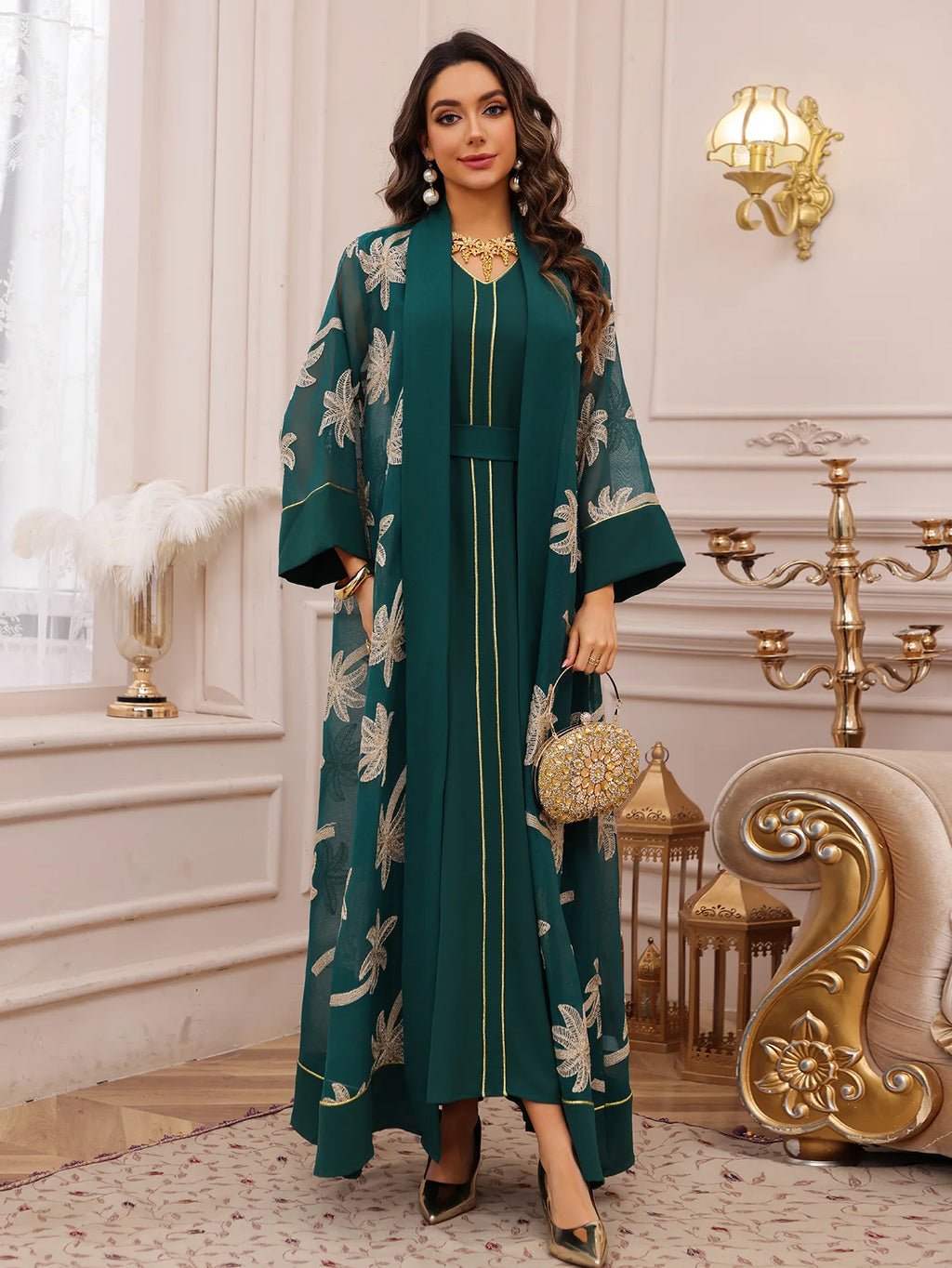Eid Women Dress Muslim Abaya 2 Piece Set Musulman Ensembles Party Jalabiya Ramadan Abayas Vestidos Largos Kaftan Arab Long Robe