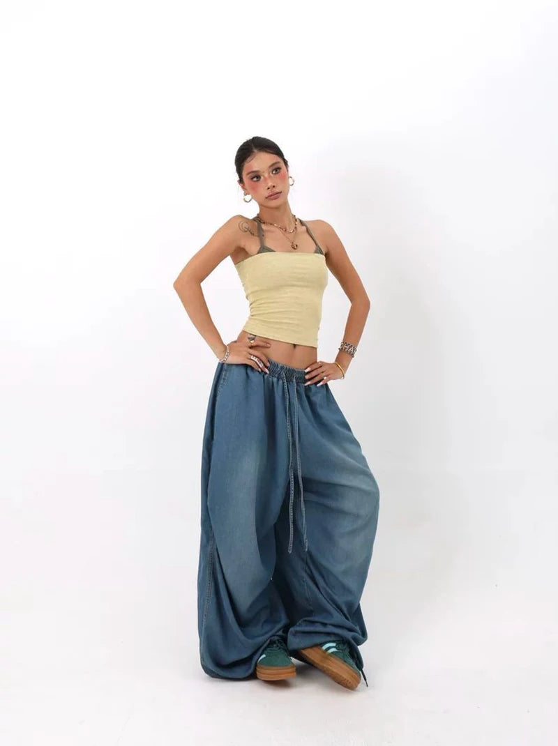 Autumn Oversized Women Wide Leg Jeans Y2K Hip Hop Streetwear Loose Denim Pants High Waist Drawstring All Match Straight Trousers