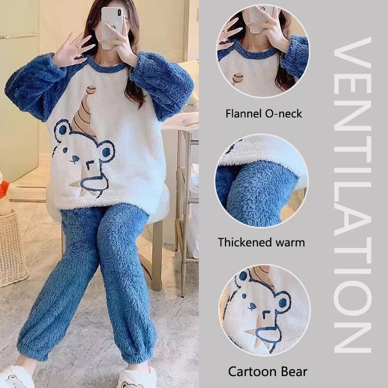 Thickened Warm Winter Flannel Ladies Pajamas Top and Pants Padded Nightwear Homewear Cartoon Bear Women's Sleepwear Loungewear