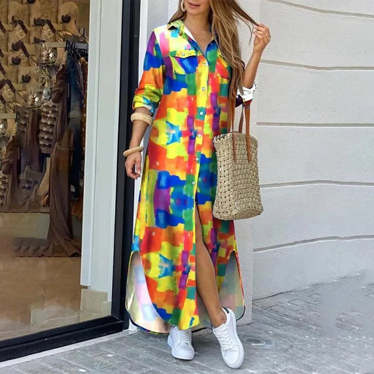 Camouflage Leopard Letters Floral Printed Dresses for Women 2025 Buttons Long Sleeve Loose Split Casual Solid Maxi Dress Robe