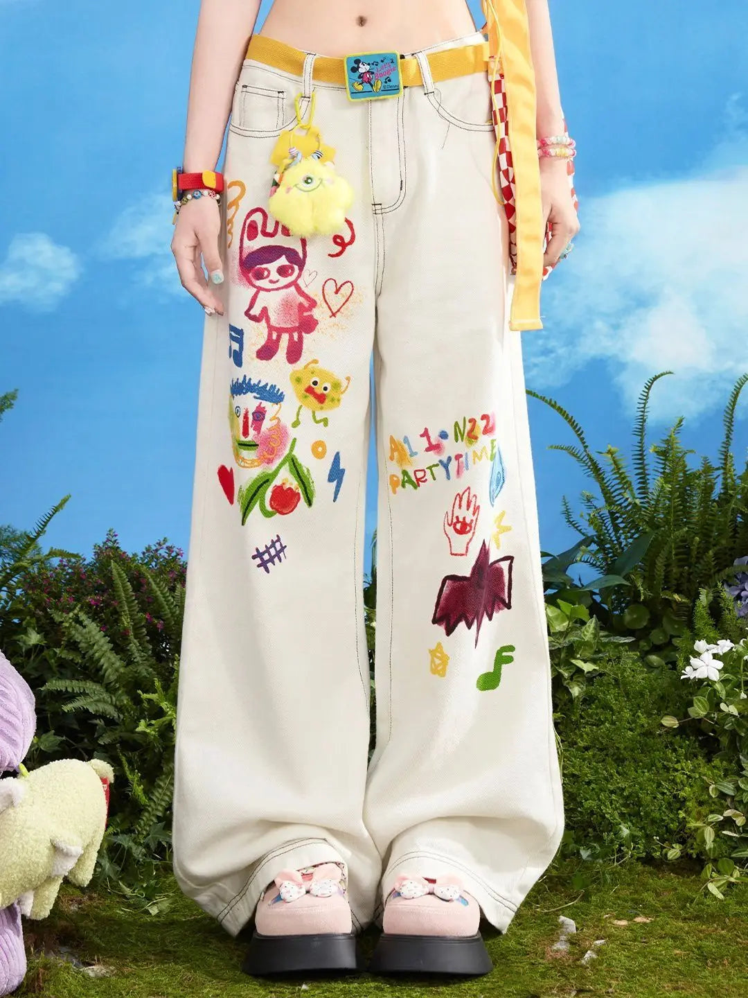 Kawaii Cartoon Young Style Sweet Summer Straight Jeans Women Printing Pockets Zipper Fashion Loose High Waist Wide Leg Trousers