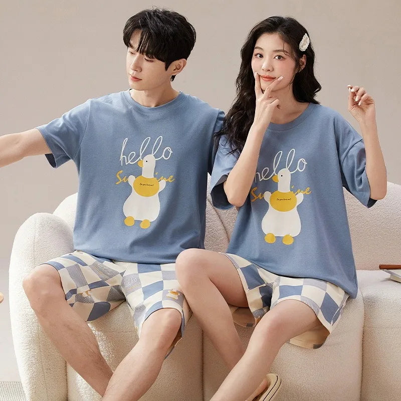 Couples Home Suit Women's Sleepwear Suit Man's Pajamas Set Cotton Short Sleeves Sleep Tops Shorts Pyjamas Nightwear Mujer Homme