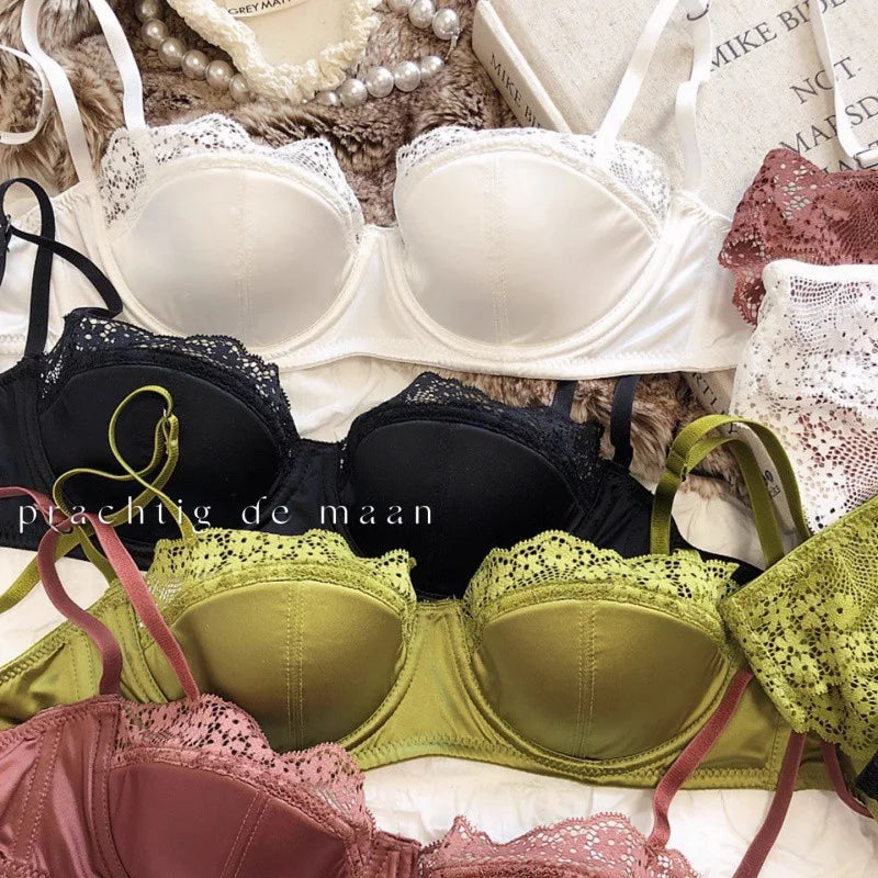 Lace Half-Cup Bra and Panty Set for Small Busts, With Soft Underwire to Gather and Lift, And a Sexy, Lightweight Bra Set.