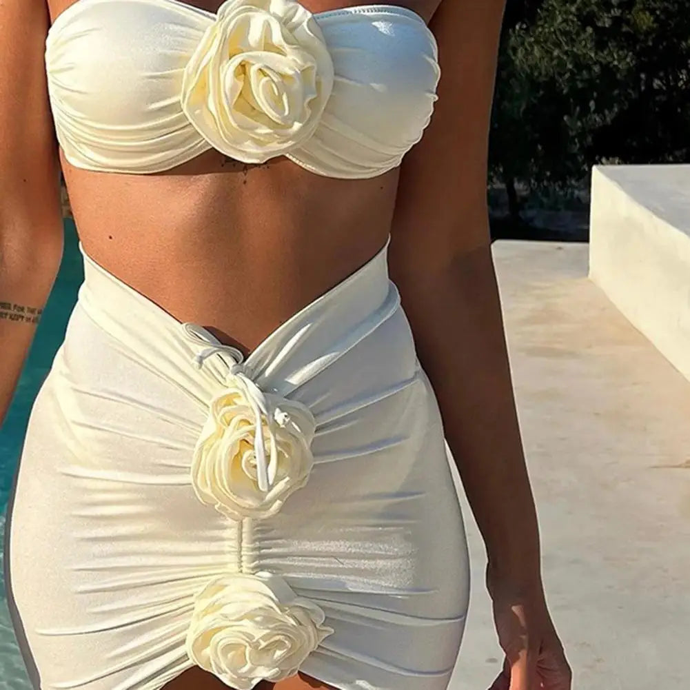 3Pcs/Set Women Summer Bikini Set 3D Rose Flower Decor Halter Bandeau Pleated Bra Swimming Trunks Overskirt Set Swimsuit 수영복 세트