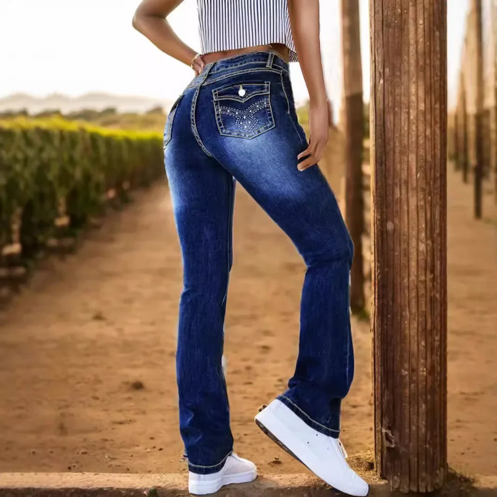 Denim Flare Pants Women Washed Distressed Jeans Mid Waist Streetwear 2025 Autumn Denims Vintage Embroidered Pocket Trousers