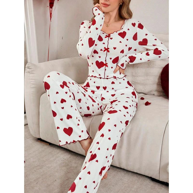 Autumn Winter 2 Pieces Pajamas Sets for Women Sleepwear Heart Print Long Sleeve Tops with Long Pants Trouser Set Pyjamas