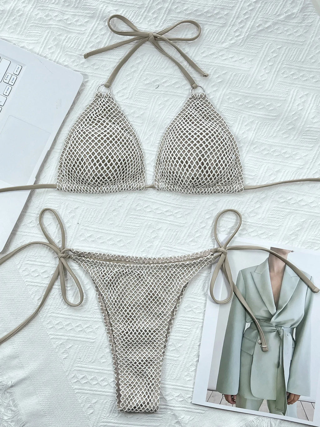 2026 New Crochet Sexy Hollow Out Swimsuit Women Halter Backless Swimwear Cross Lace-Up Bikini Set Push Up Biquinis Bathing Suits