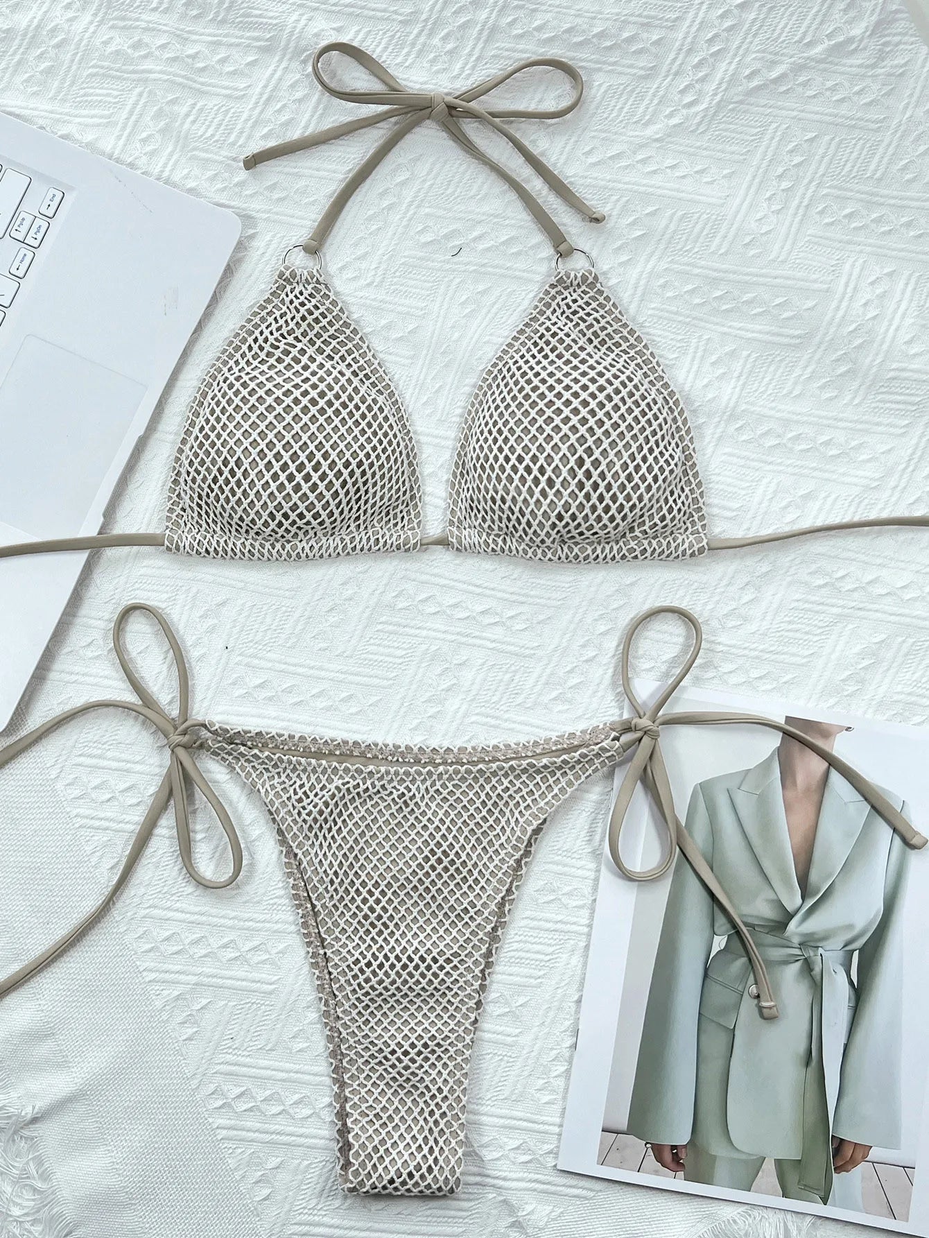 2026 New Crochet Sexy Hollow Out Swimsuit Women Halter Backless Swimwear Cross Lace-Up Bikini Set Push Up Biquinis Bathing Suits