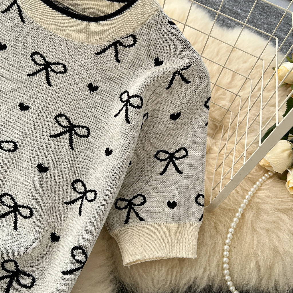 SINGREINY Newest Summer Knitting Suits O Neck Basic Tops+High Waist Sheath Long Skirt Bow Print Chic Casual Women 2pcs Sets