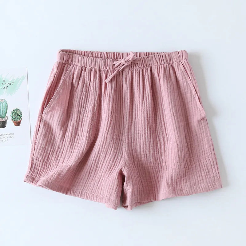 Women Summer Shorts Cotton Double-layer Gauze Sleep Bottoms Thin Loose-fitting Pajama Pants Home Pants Solid Sleep Shorts