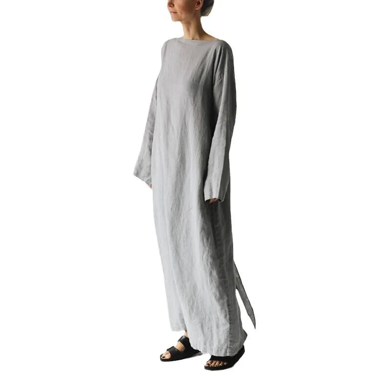 Fall Long Sleeve Loose Cotton Linen Dress Women 2024 Fashion Casual Solid New Lace-up Bow Maxi Dresses Elegant Vestidos