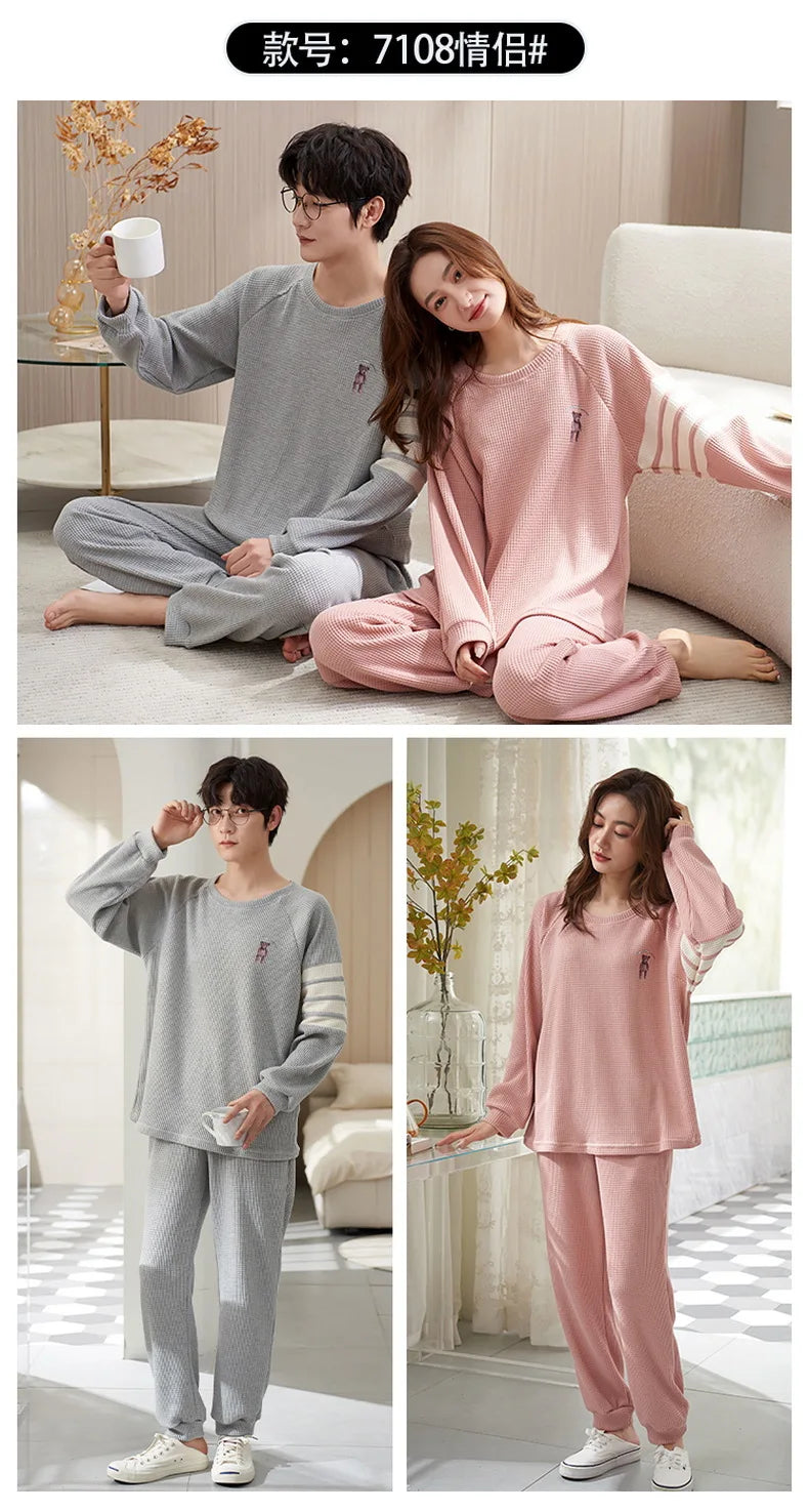 Couple Long Sleeves Sleepwear Autumn Winter Cotton Pajama Sets Print Pants Homewear Kawaii Clothes 2 Piece Sets Nightwear Lovers