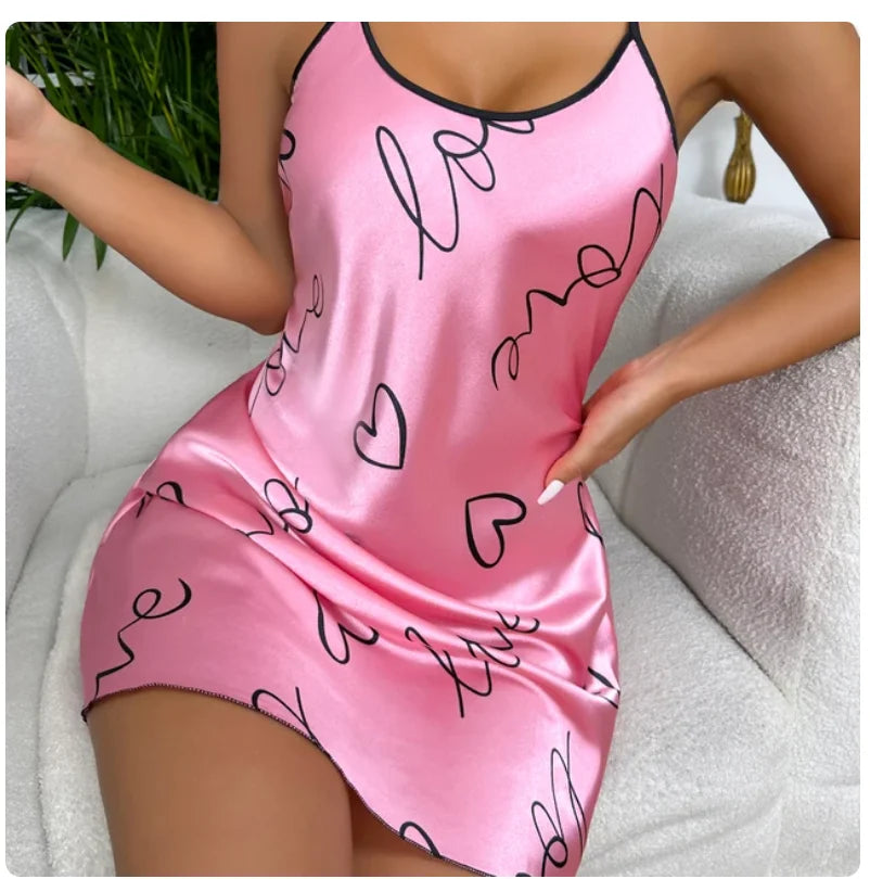 Heart Print Nightdress Elegant Scoop Neck Criss Cross Back Sleep Dress Women's Sleepwear