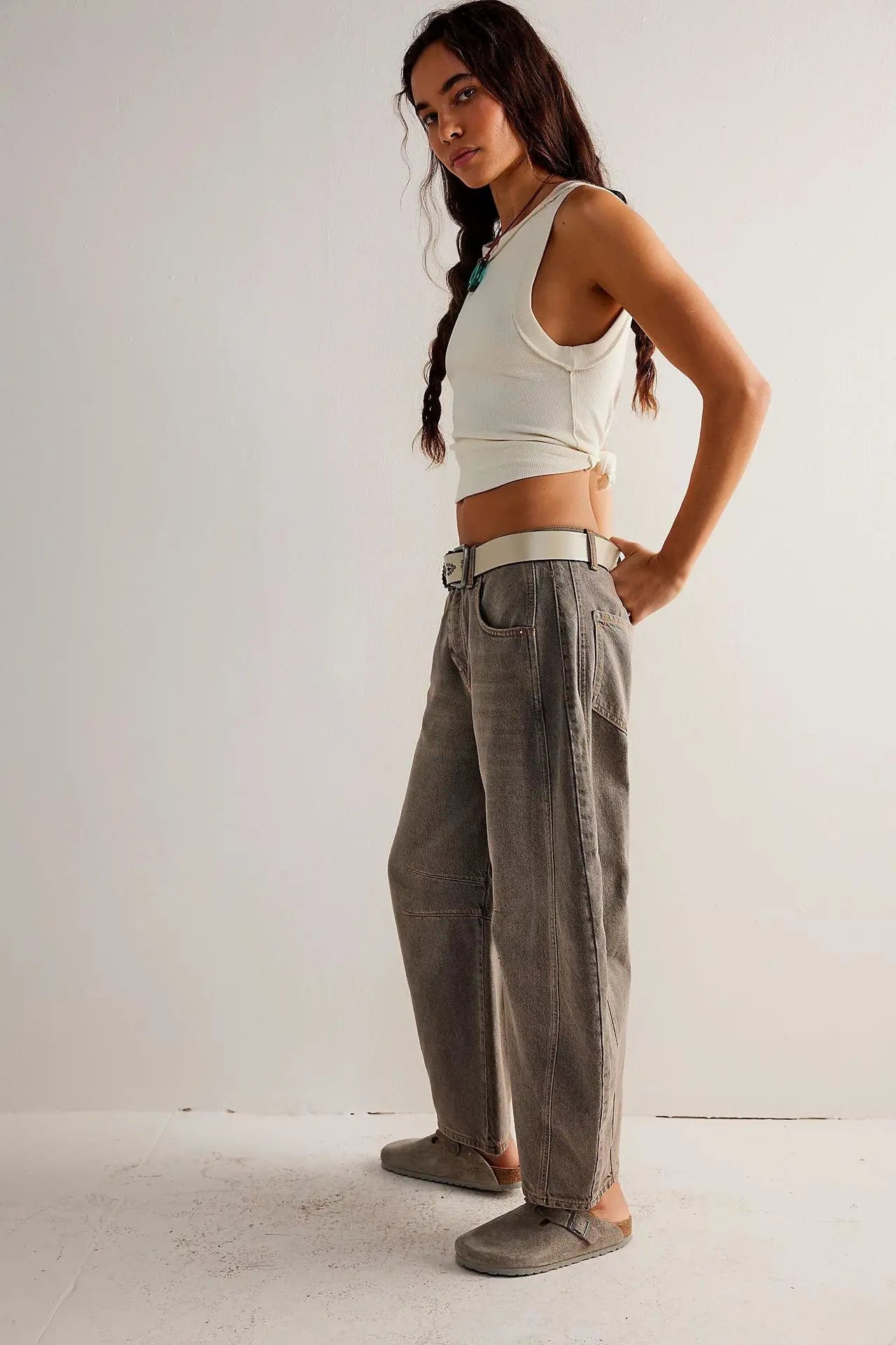 Women Loose Mid Waist Jeans Denim Full Length Pants Sexy Fashion Solid Color Trousers Denim Pockets Bleached