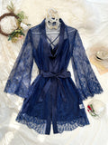 Sexy Elegant Pure Color Mesh Nightgown Set Transparent Lace Robe Sleepwear Casual Comfortable Women's pajamas