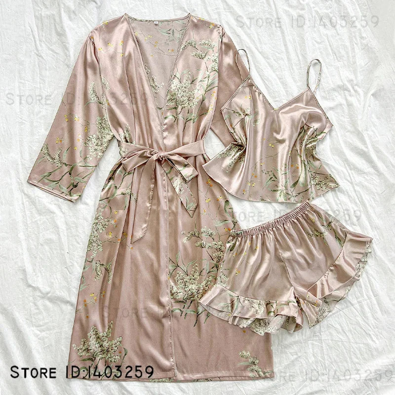 Large Size Female 3PCS Robe Pajamas Set Sexy Print Flower Kimono Batrobe Gown Spring Summer Sleepwear Homewear Satin Loungewear