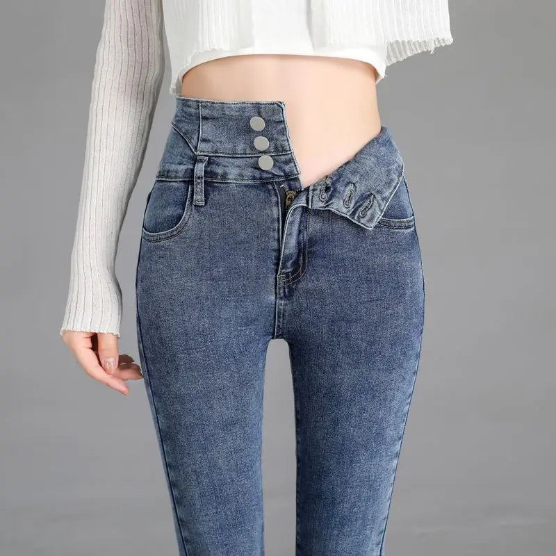 Trendyol Fashion High Waist Plus Fleece Elastic Jeans Women Clothing 2024 Winter Slim Korean Vintage Distressed Pencil Pants