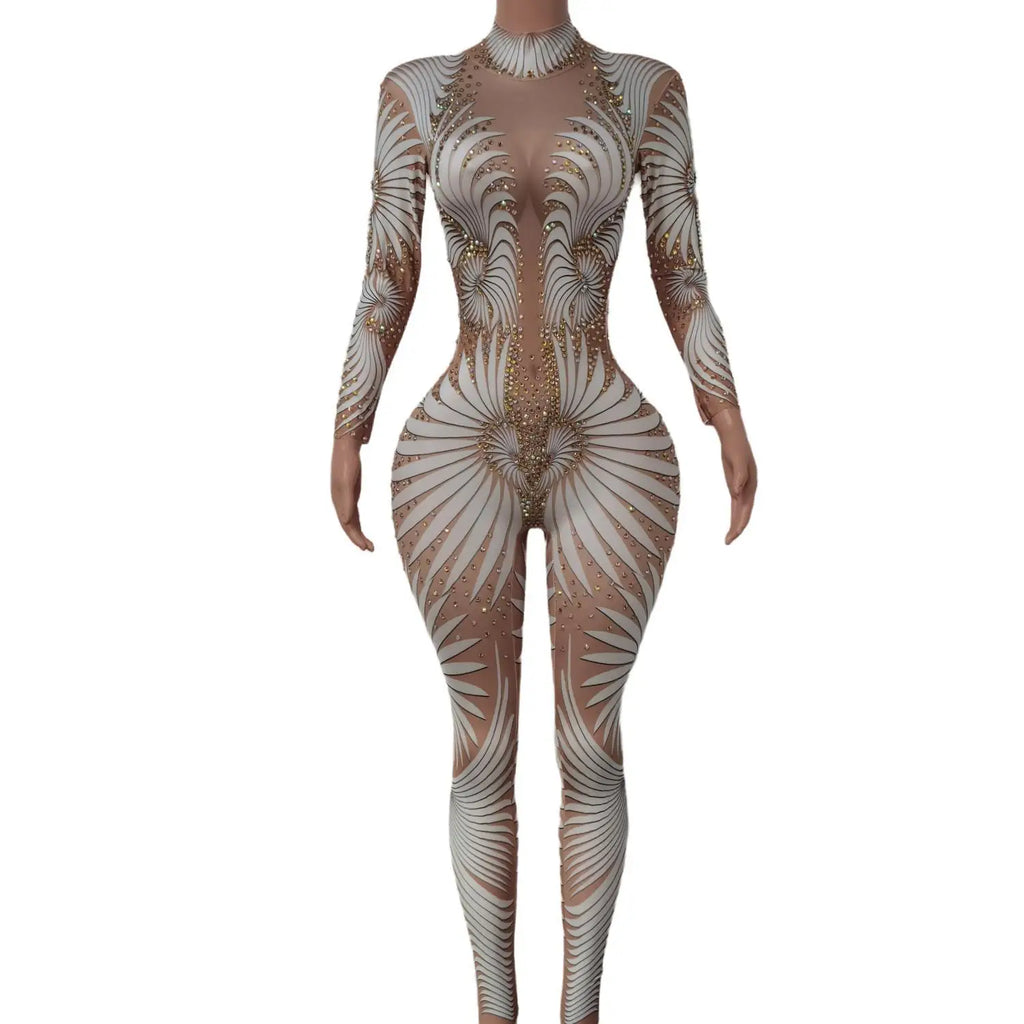 Sparkly Stone Feather Print Jumpsuit Women Sexy Birthday Party Bodysuit Prom Dresses Pole Dancer Performance Costume Feibiao
