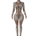 Sparkly Stone Feather Print Jumpsuit Women Sexy Birthday Party Bodysuit Prom Dresses Pole Dancer Performance Costume Feibiao