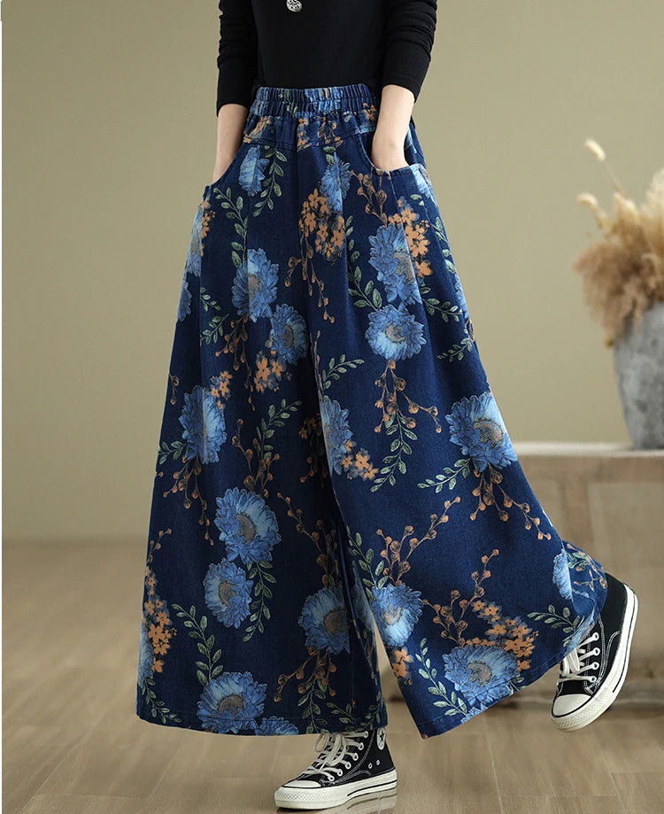 NYFS 2025 New Summer Vintage Print Woman Jeans Loose Plus size Trousers Elastic Waist Denim Wide Leg Pants