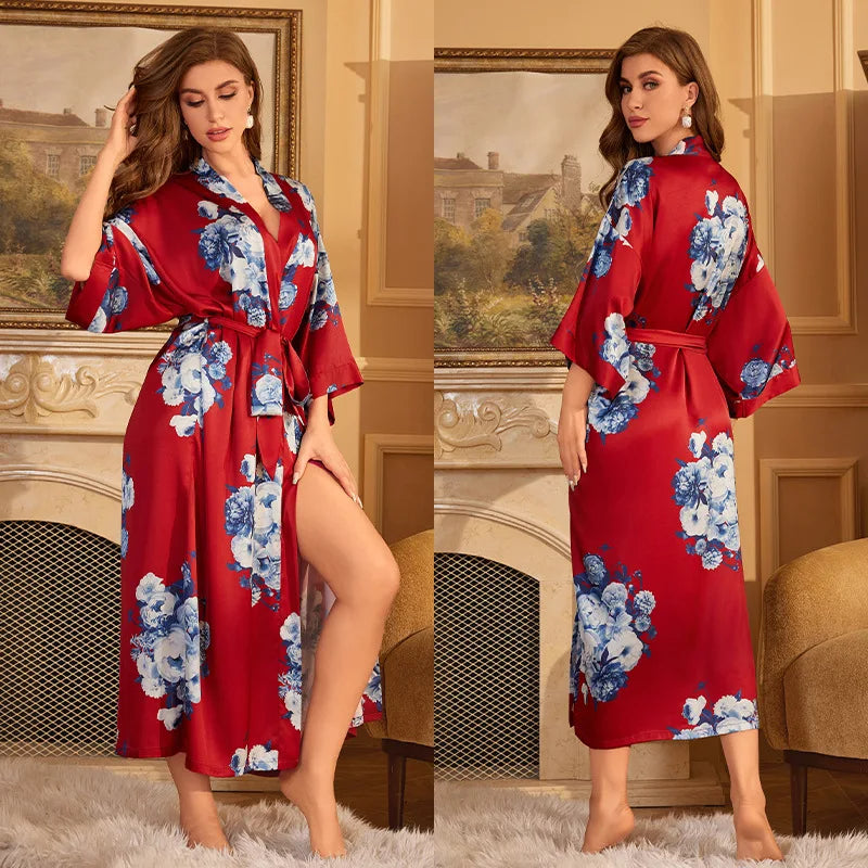 Print Flower Female Long Robe Sleepwear Japanese Kimono Bathrobe Gown Spring Summer Satin Nightgown Loose Casual Home Dress Wear