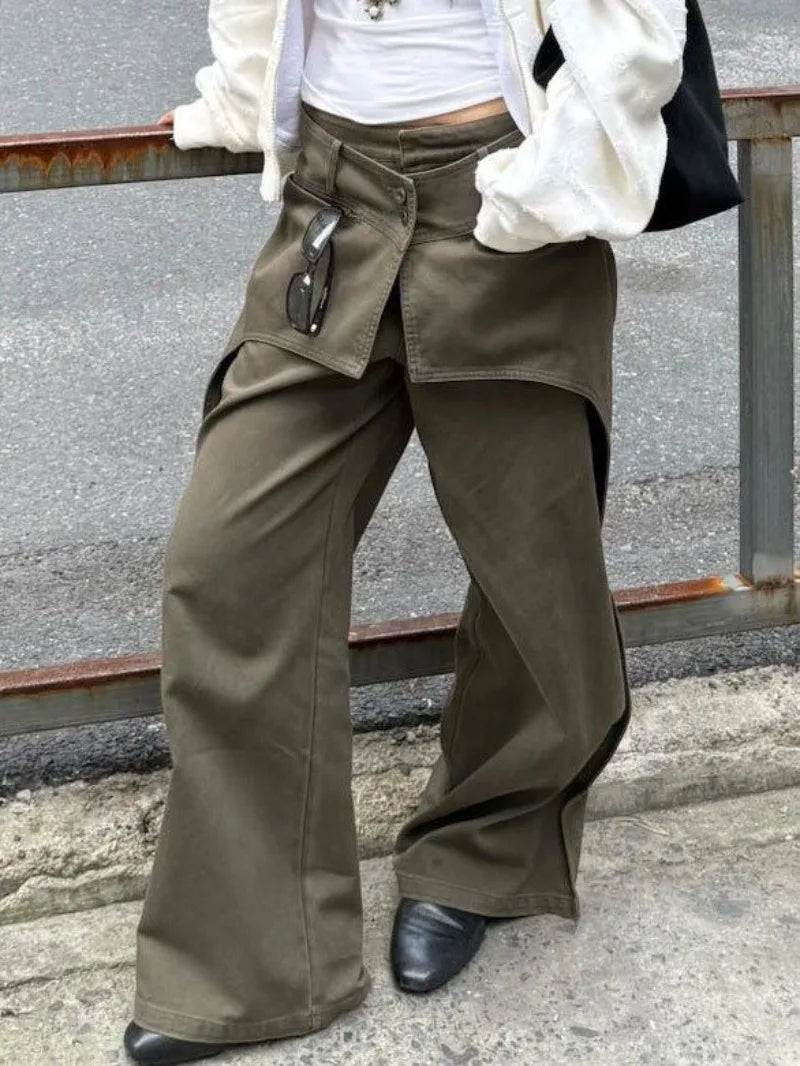 American Fashion Street Wash Retro Fake Two-piece Design Jeans Women's Loose Wide Leg Pants Trendy Female Clothing