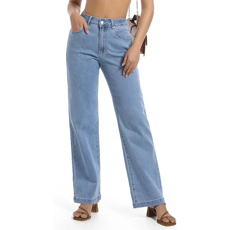 Women High Waist Straight Leg Jeans Female Comfortable Stretch Basic Denim Pants Woman Classic Cheap Black Gray White Trousers