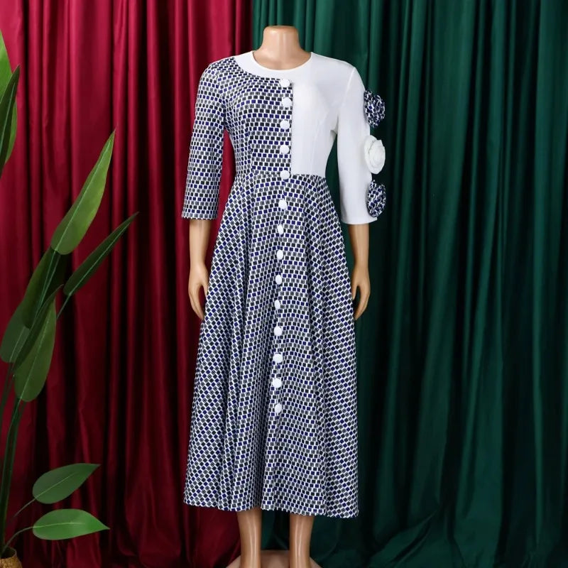 Elegant Dresses for Women 2026 Fall Fashion African 3/4 Sleeve Party Birthday New Robe Chic 3D Flower Plaid Evening A-Line Dress